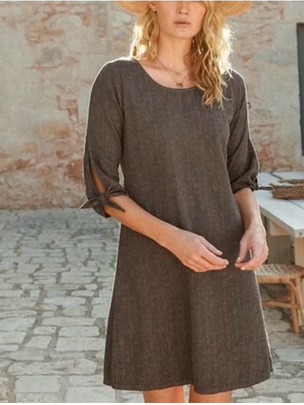 Garnet Hill Charcoal Tie-Sleeve Scoop Neck Mini Dress